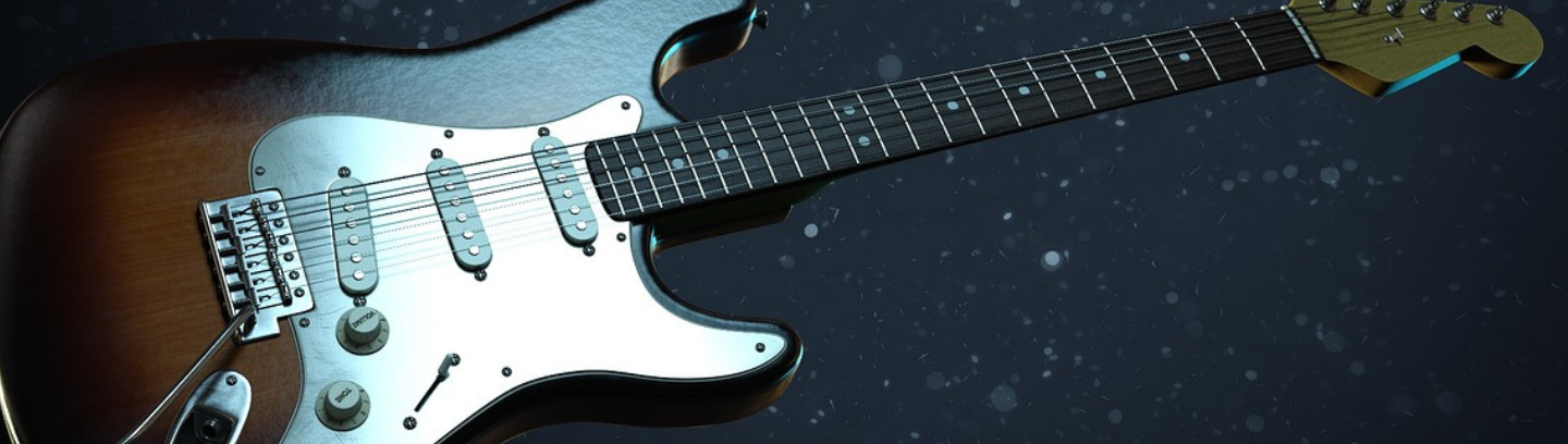 a Fender electric guitar with a dark background
